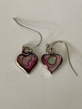 Alpaca Silver and Abalone Heart Dangle Earrings